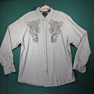 VTG Point Zero Embroidered Striped Button Up Long Sleeve Shirt White Black Y2K